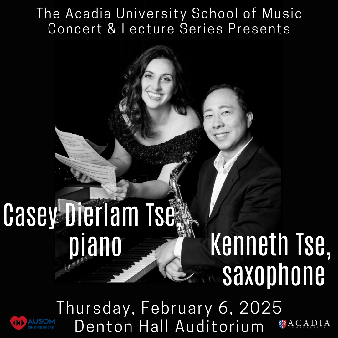 A picture of Casey Dierlam Tse sitting at the piano on the left and Kenneth Tse holding an alto saxophone on the right.